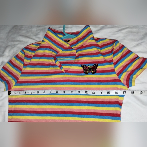 Rainbow Striped Bodycon Short Sleeve Dress with Butterfly Embroidery - Picture 3 of 10